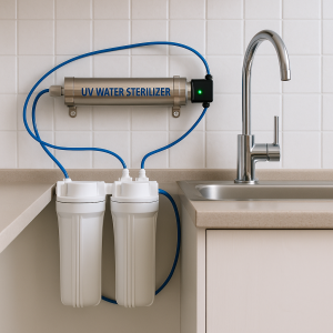 UV waterfiltersysteem in de keuken dat kraanwater desinfecteert en veilig maakt voor noodsituaties in huis