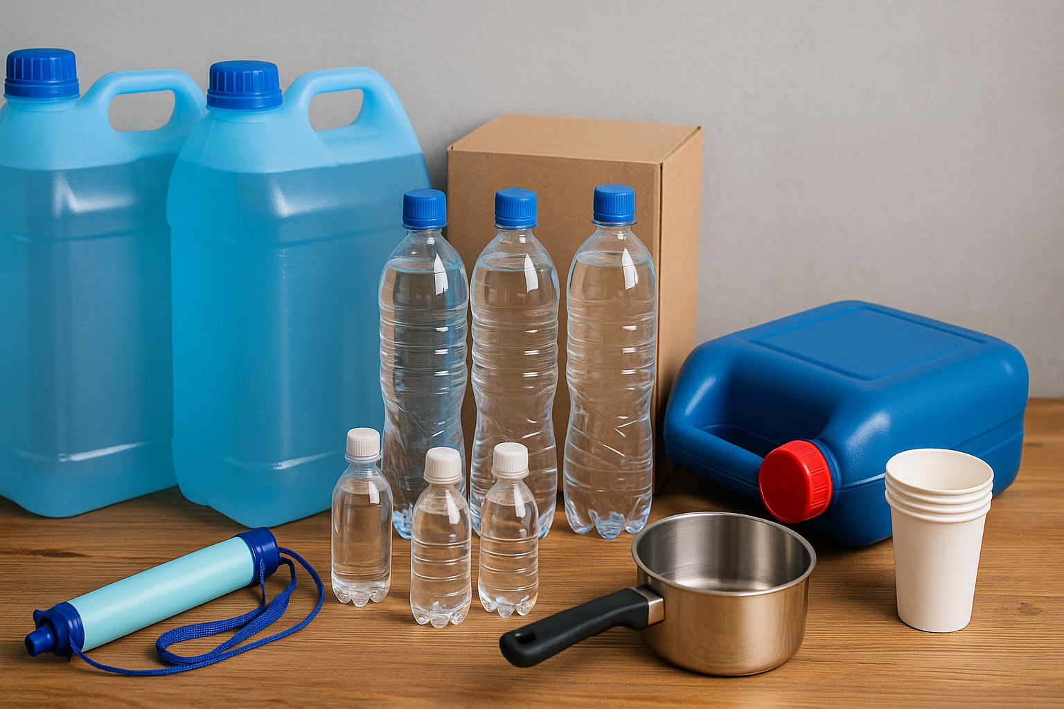 Voorraad water voor noodsituaties met jerrycans, flessen en noodfilter voor minimaal 72 uur voorbereiding