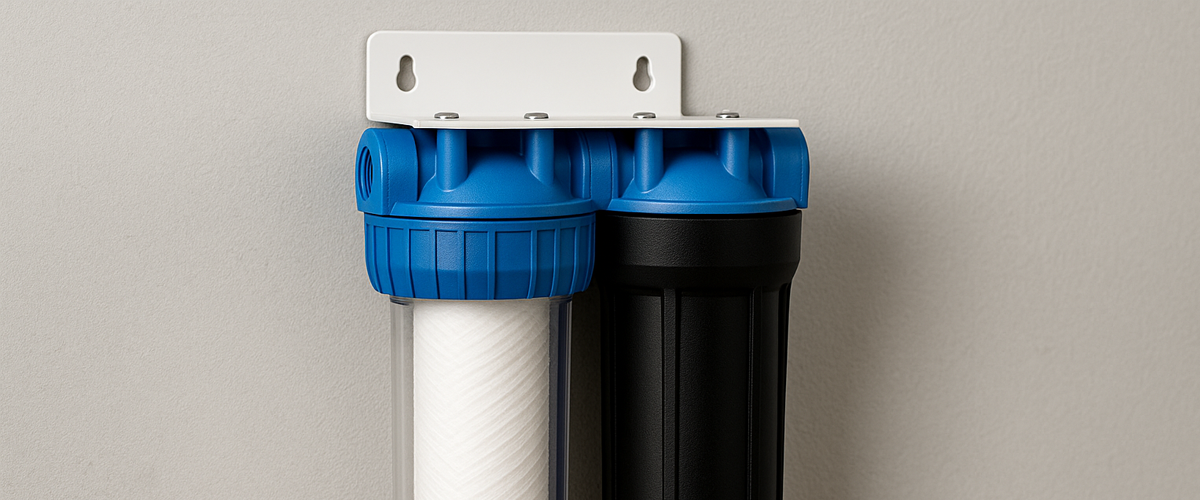 close-up van een transparant filterhuis met zichtbaar wit PP-filter wandgemonteerd