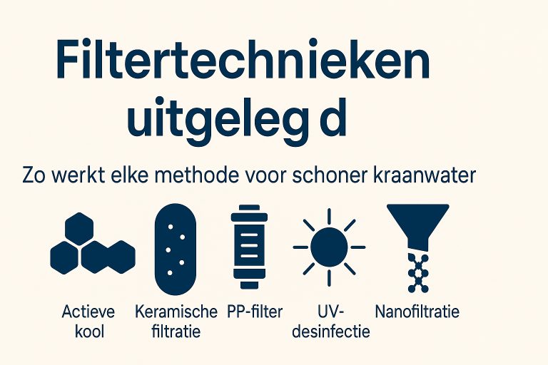Overzichtsafbeelding met iconen van filtertechnieken zoals actieve kool, keramische filtratie, PP-filter, UV-desinfectie en nanofiltratie, op een licht achtergrond.