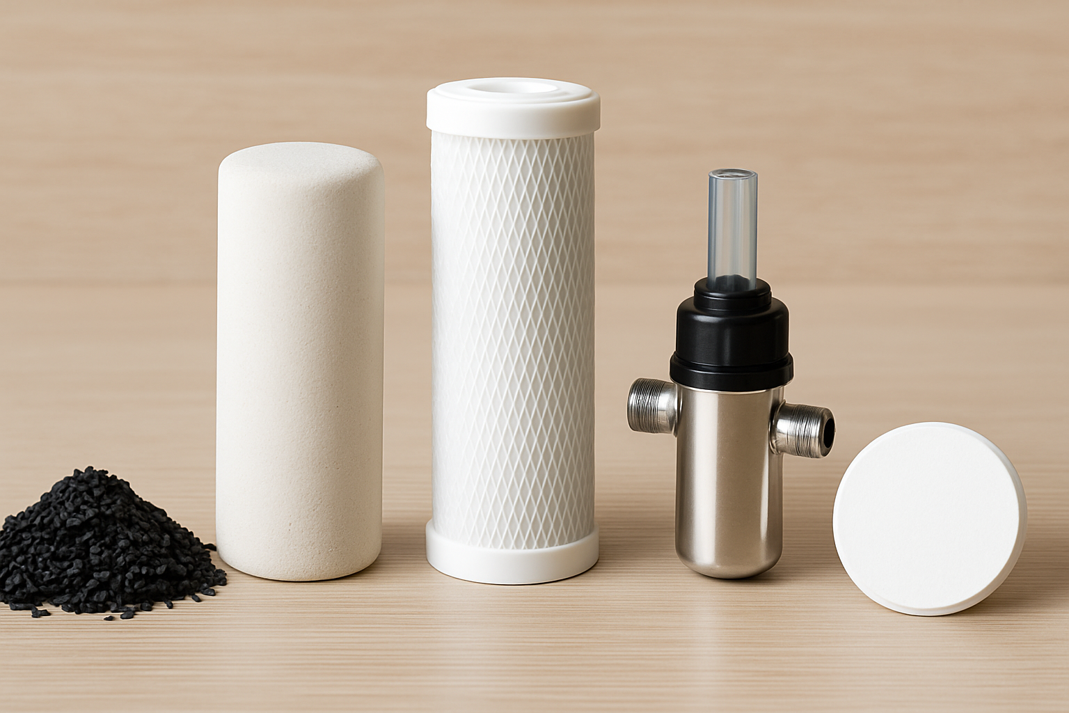 Vijf verschillende filtertechnieken naast elkaar: actieve kool korrels, een keramisch filter, een PP-sedimentfilter, een compacte UV-unit en een ronde membraanfilter op een lichte houten ondergrond.