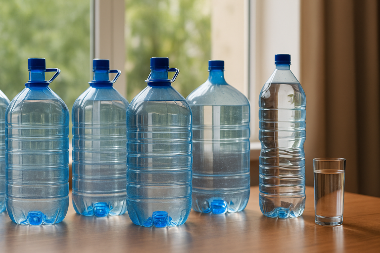 Grote waterflessen en een glas water op tafel als illustratie voor hoeveel water je nodig hebt bij een noodsituatie.