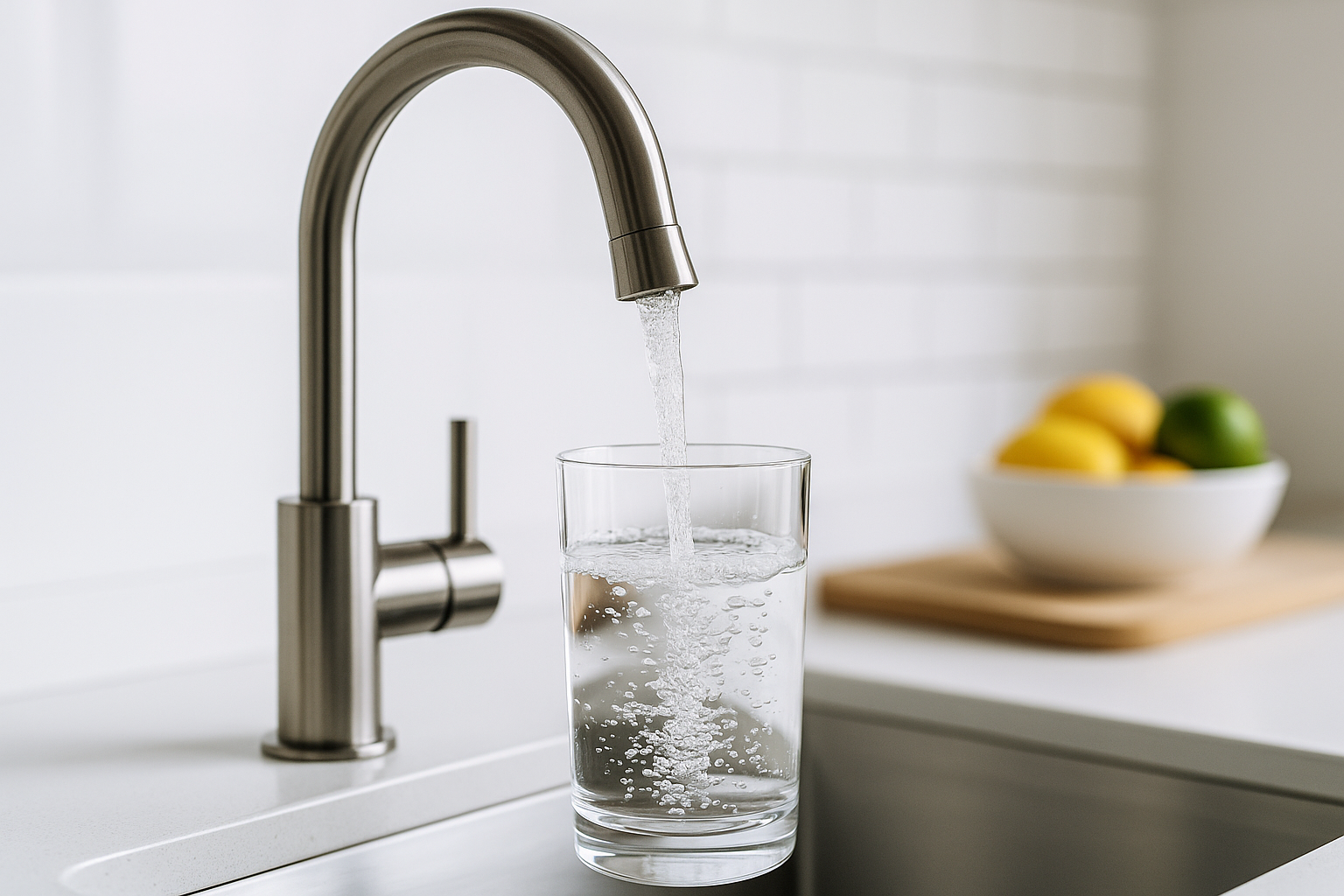 Helder kraanwater dat in een glas stroomt vanuit een moderne roestvrijstalen keukenkraan in een lichte keuken