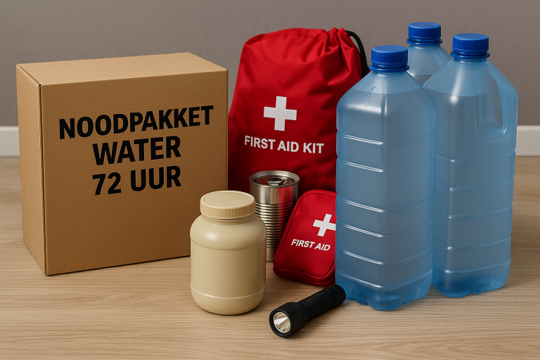 Noodpakket voor 72 uur met waterflessen, eerstehulpset en basisbenodigdheden voor noodsituaties.