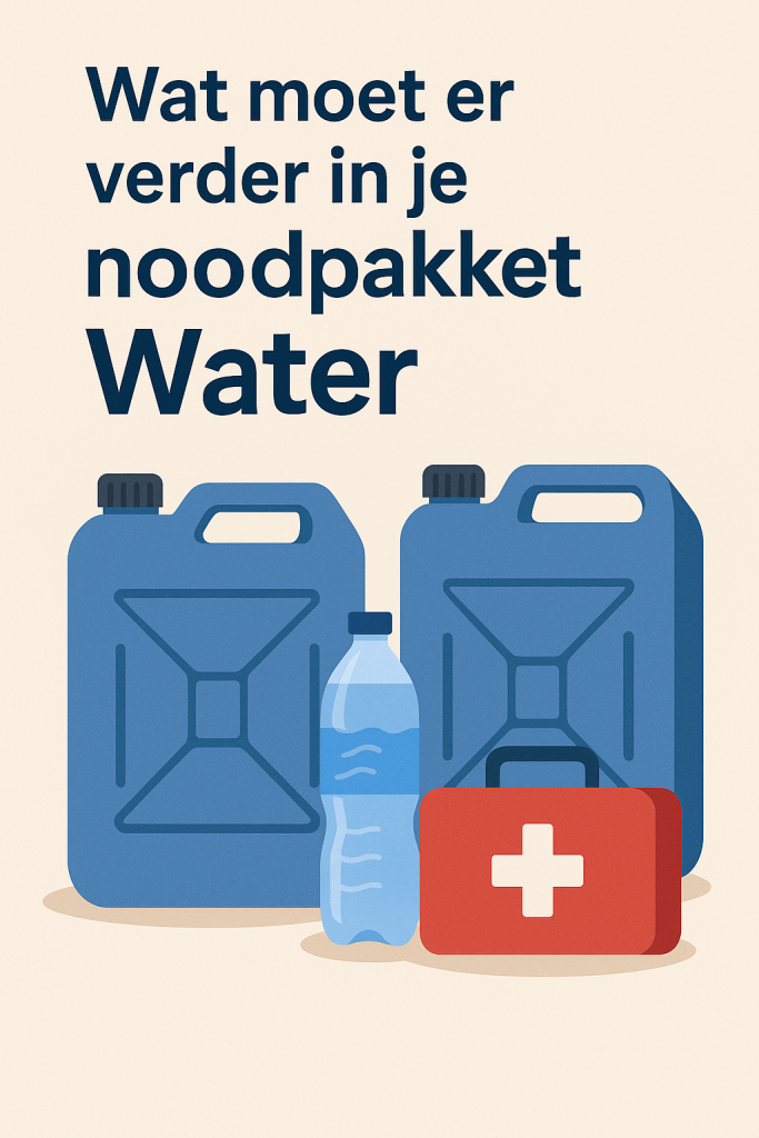 Verticale illustratie met jerrycans, waterfles en EHBO-set voor extra benodigdheden in een waternoodpakket.
