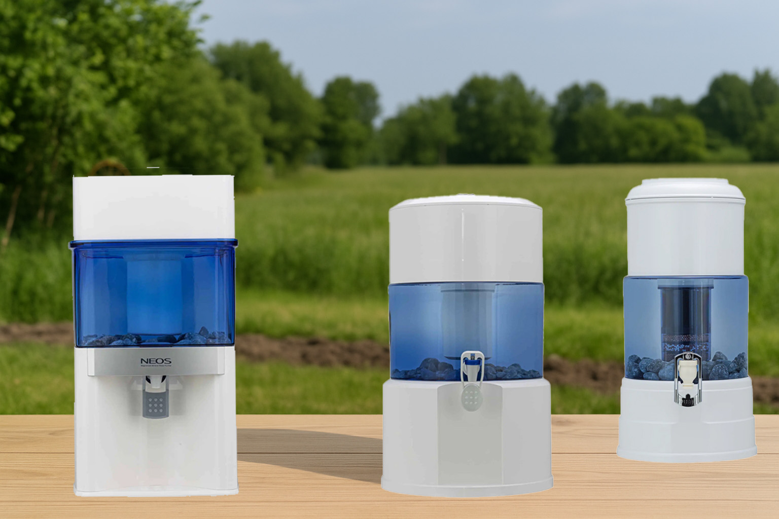 Natuurlijke achtergrond met houten tafel en groene velden, geschikt voor een Aqualine waterzuiveringssysteem.