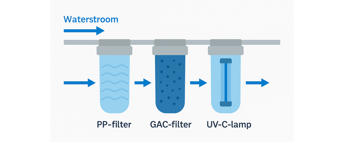 schema van waterstroom door de filters met pijlen per stap
