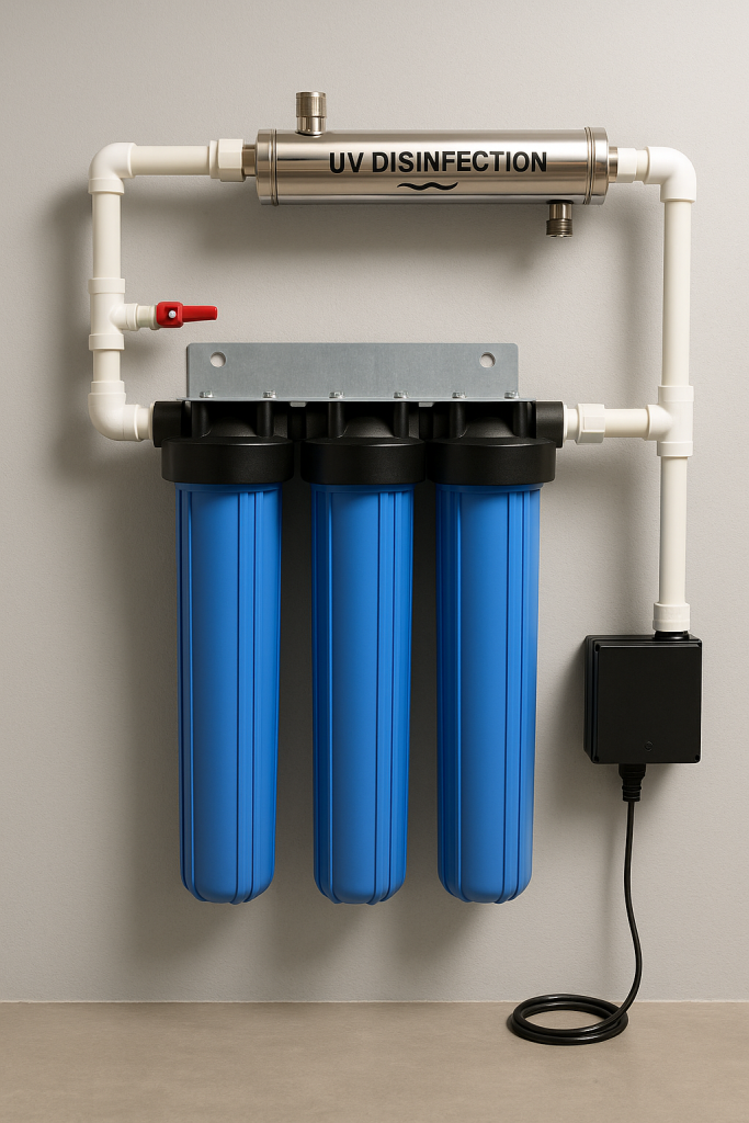 Wandgemonteerd waterfiltratie- en uv-systeem voor het hele huis, geschikt voor regenwater en bronwater.