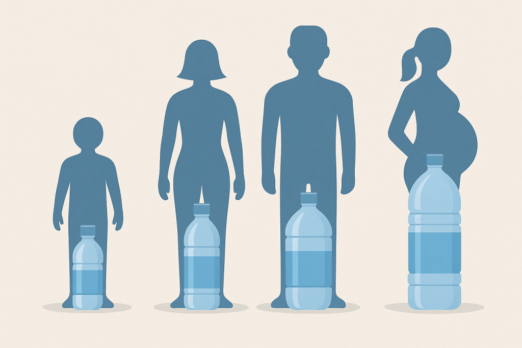 Illustratie van verschillende hoeveelheden water per persoon in een noodsituatie, weergegeven met silhouetten en waterflessen.