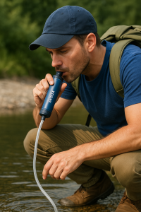 Persoon die met een draagbaar noodfilter water uit een beek zuivert om oppervlaktewater veilig drinkbaar te maken tijdens een noodsituatie.