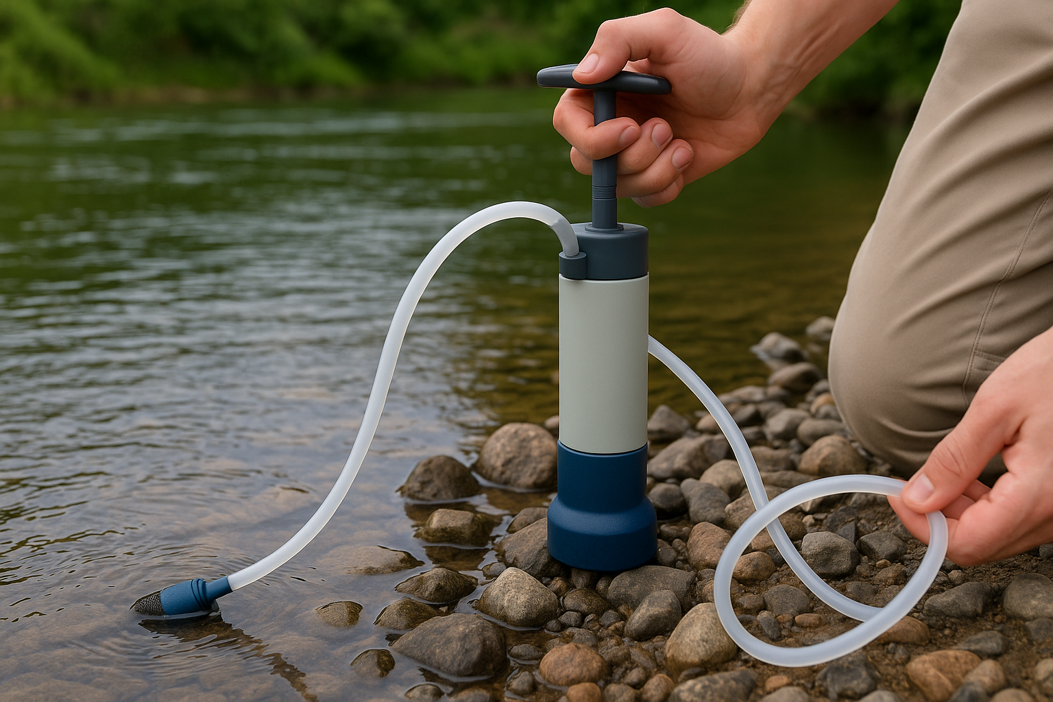 Handpomp-waterfilter dat water uit een rivier zuivert tijdens een noodsituatie