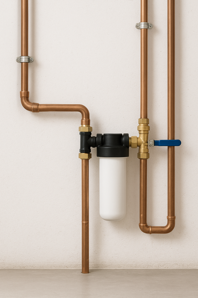 Overzicht van waterleidingen en een huisinstallatie waar kraanwater doorheen stroomt.