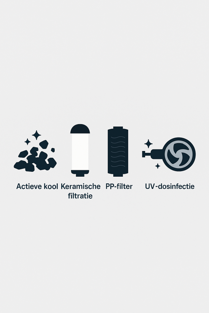 Verticale infographic met iconen van filtertechnieken zoals actieve kool, keramische filtratie, PP-filter en UV-desinfectie, op een lichte achtergrond.