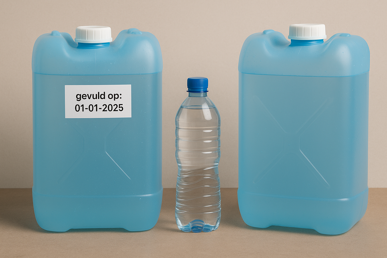 Blauwe jerrycans en waterfles voor veilige wateropslag in een noodpakket voor 72 uur.