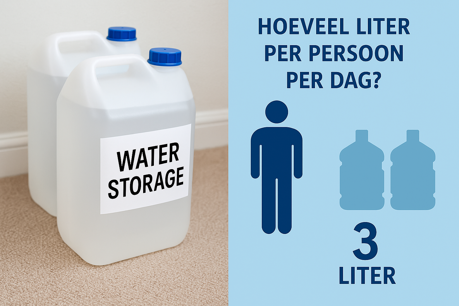 Jerrycans en flessen met wateropslag voor noodsituaties, klaar om veilig en koel te bewaren.