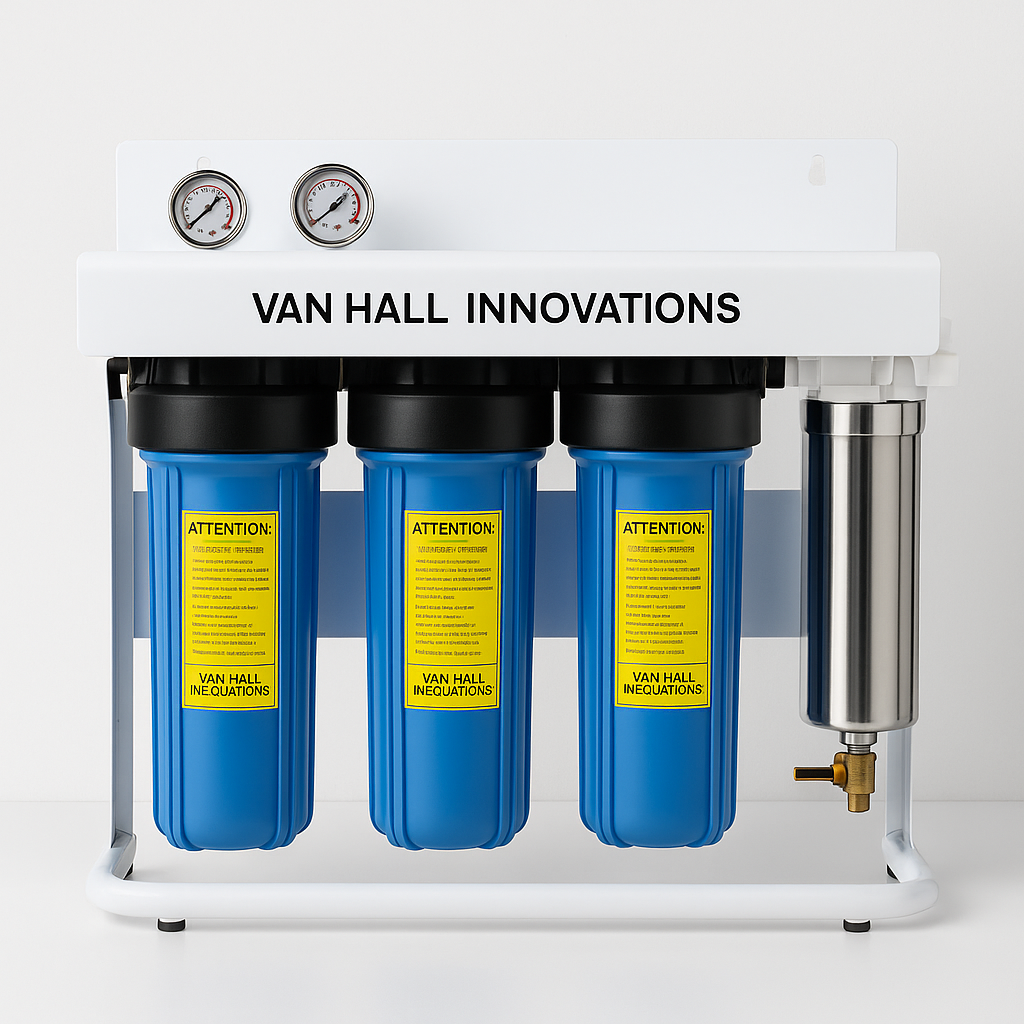 Driefilter waterzuiveringssysteem van Van Hall Innovations met drie blauwe filterhuizen en een roestvrijstalen nageschakelde filter op een lichte achtergrond.