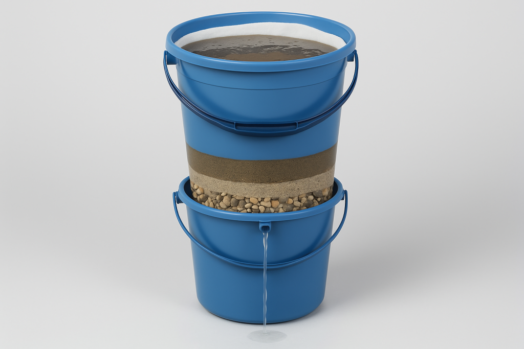 Zelfgemaakt zandfiltersysteem met twee blauwe emmers, waarbij troebel water door lagen grind en zand stroomt en als helder water in de onderste emmer terechtkomt.