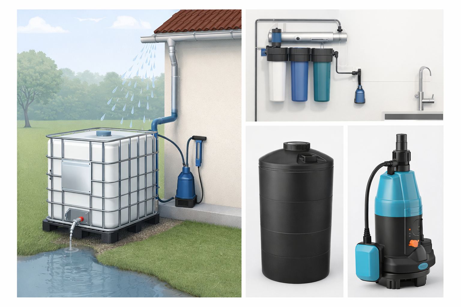 Regenwateropslag met een IBC tank aangesloten op een regenpijp, inclusief pomp en afvoer voor hergebruik van regenwater.