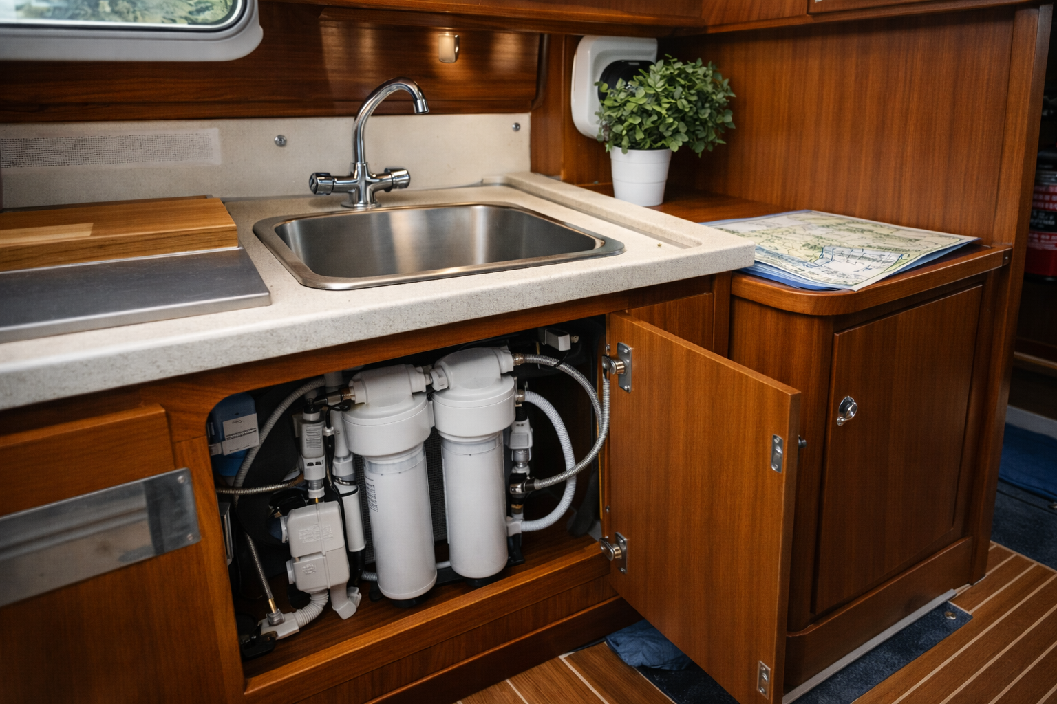 Compact watersysteem in een boot en/of keuken met beperkte ruimte.