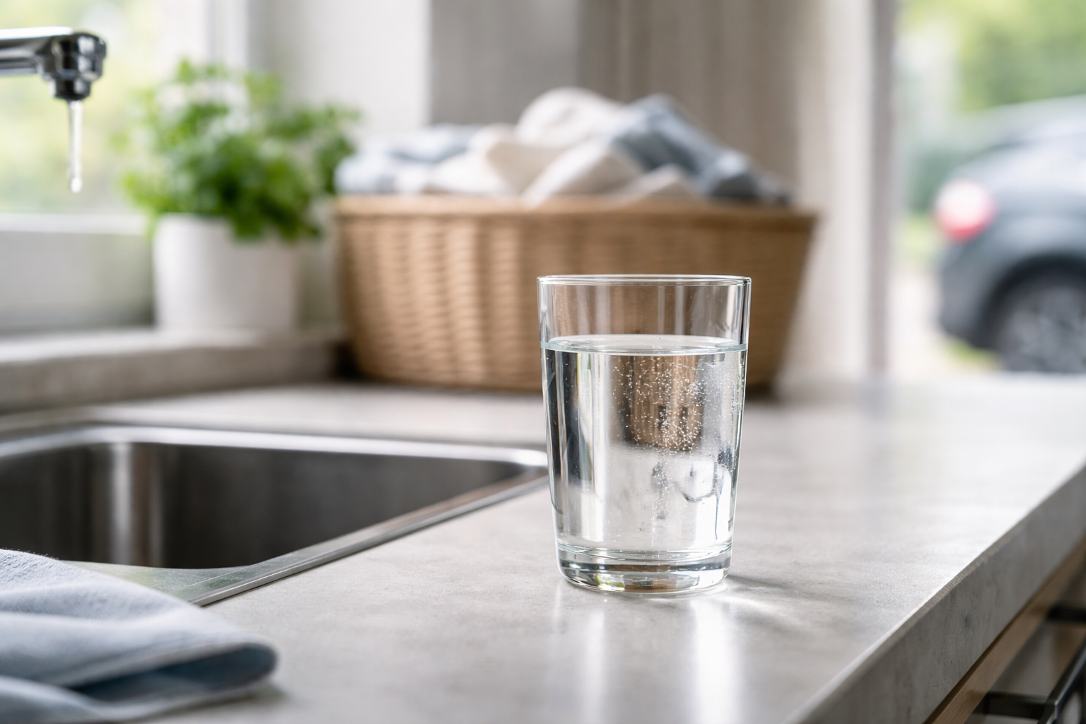 Glas kraanwater in keuken als symbool voor microplastics en waterkwaliteit