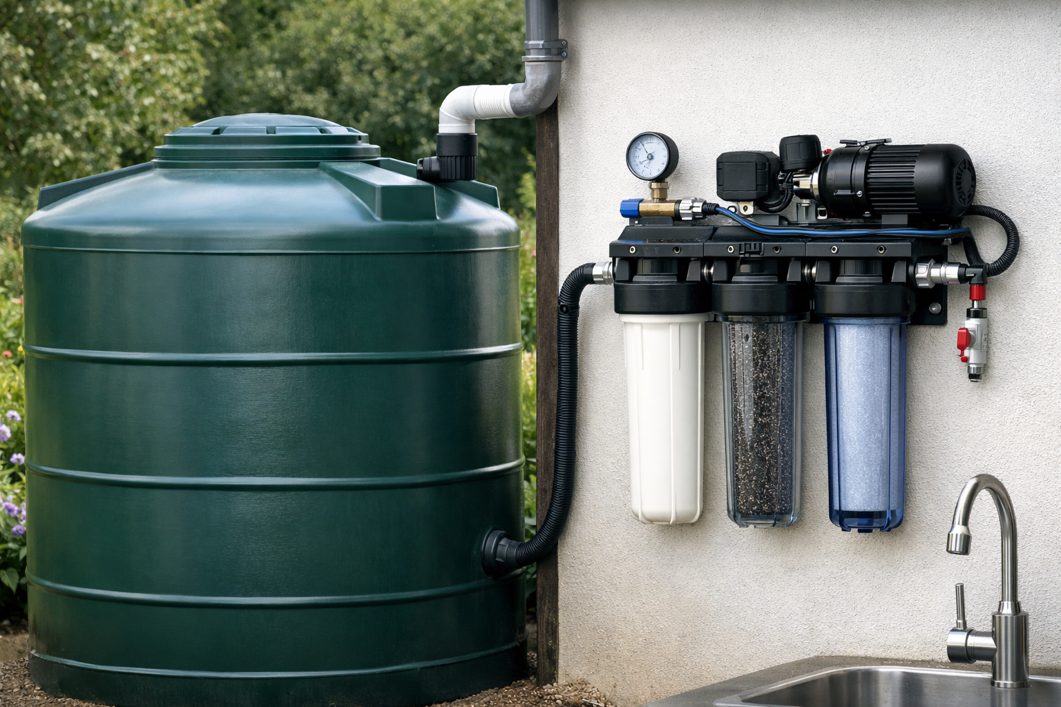 Off grid regenwatersystemen met regenwatertank en aan de wand gemonteerde filters