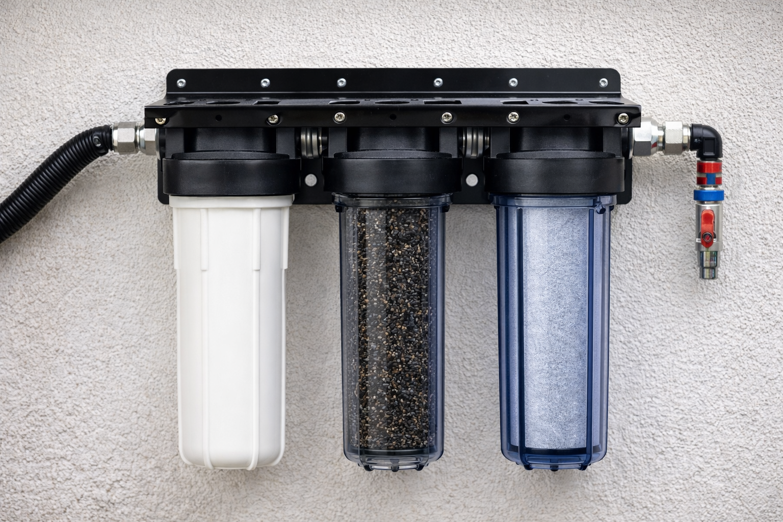 Filteropstelling met PP filter, GAC filter en CTO filter voor regenwater