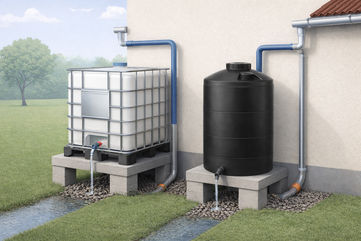 Regenwatertank die regenwater opvangt via een regenpijp, geplaatst op een verhoging met overstort en afvoer.