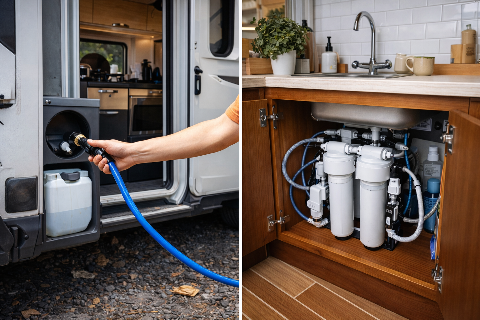 Tiny house keuken met compacte installatie in het aanrechtkastje.