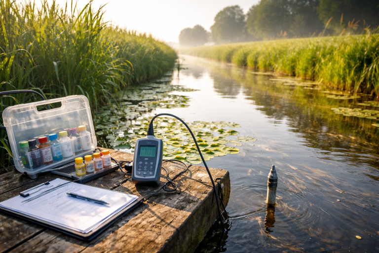 Meetopstelling voor waterkwaliteit aan een Nederlandse sloot met riet en waterplanten bij zonsopkomst