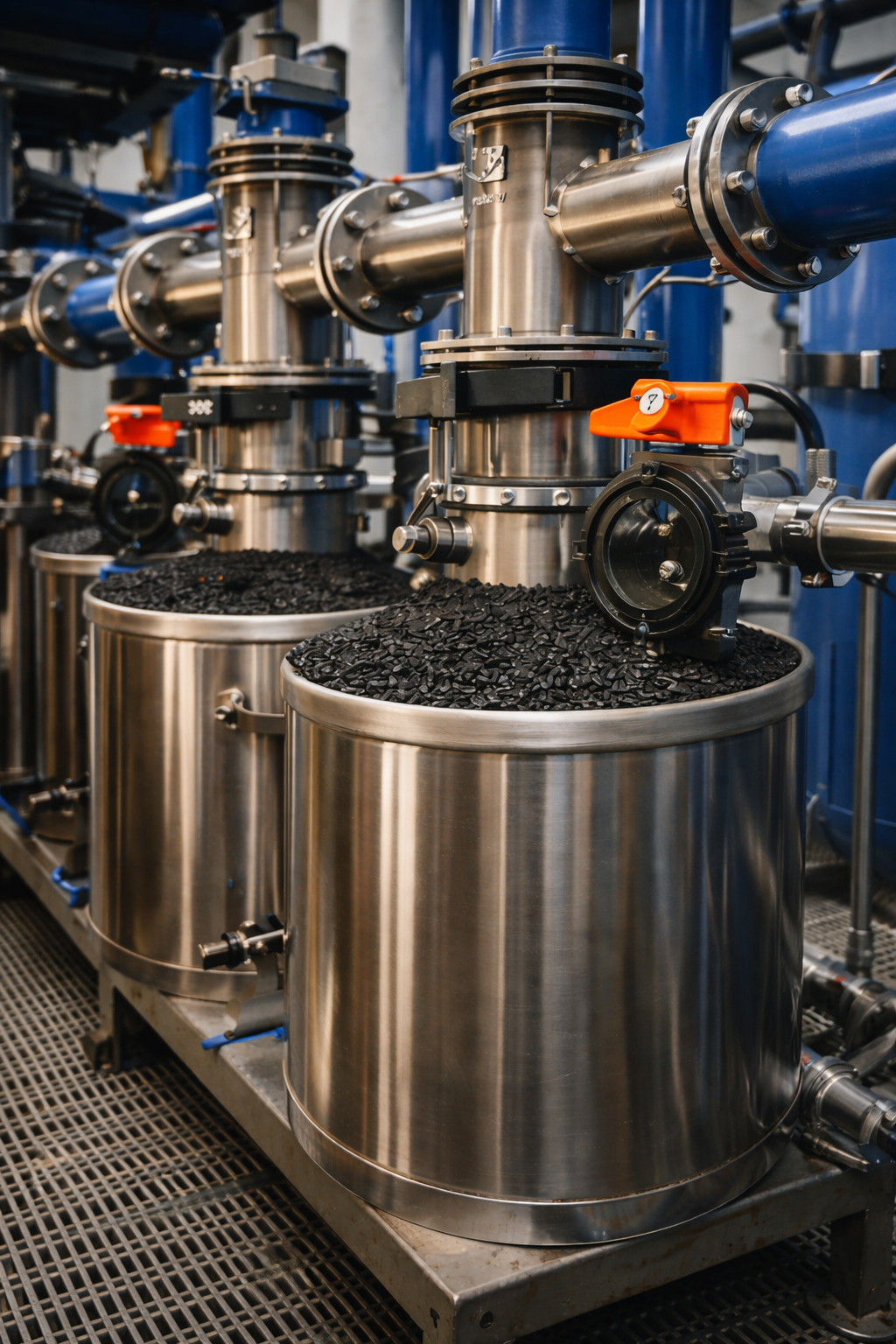 Close up van een waterzuiveringsinstallatie met actieve kool filtratie