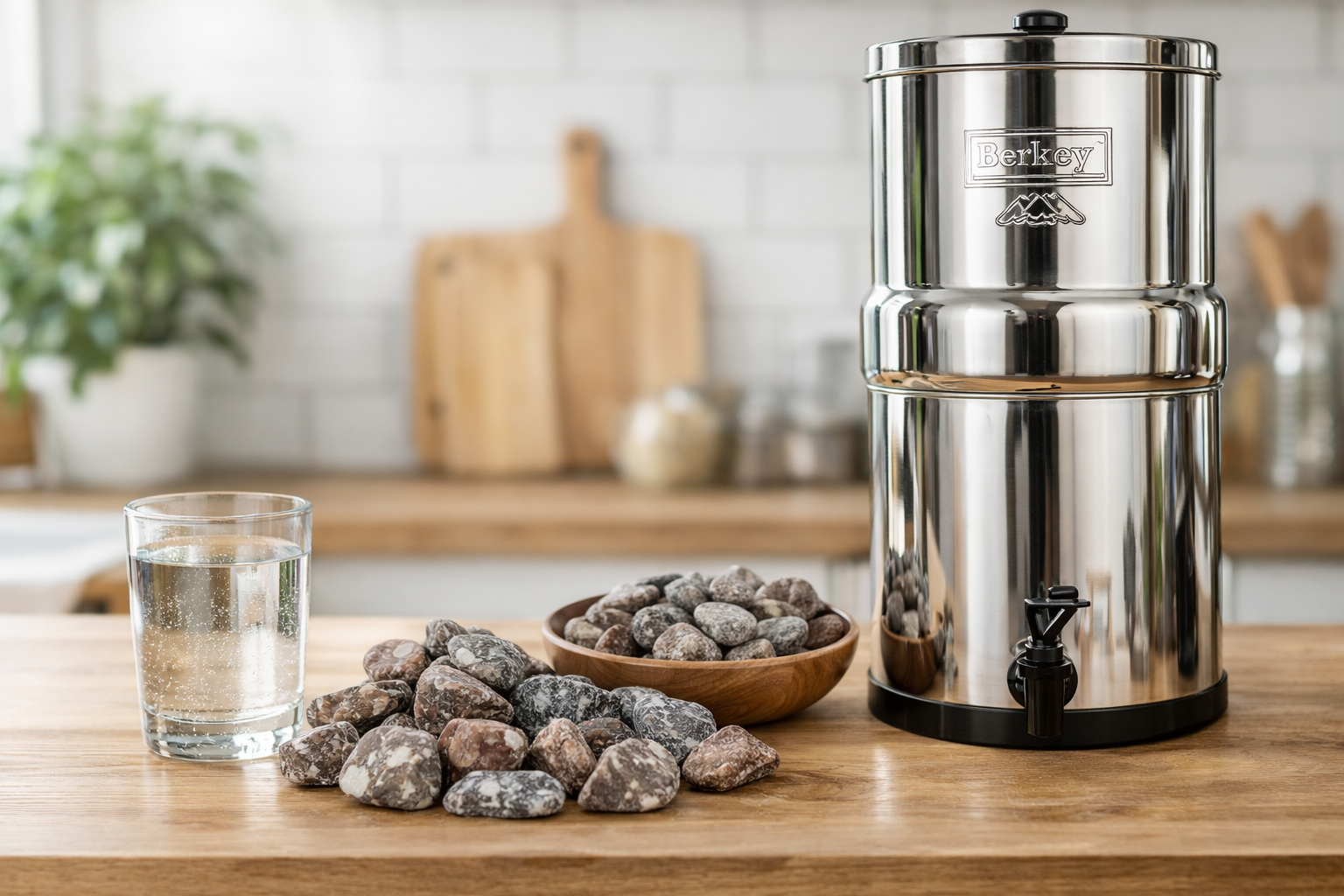 Mineraalstenen naast een Berkey waterfilter op een keukenblad met een glas water