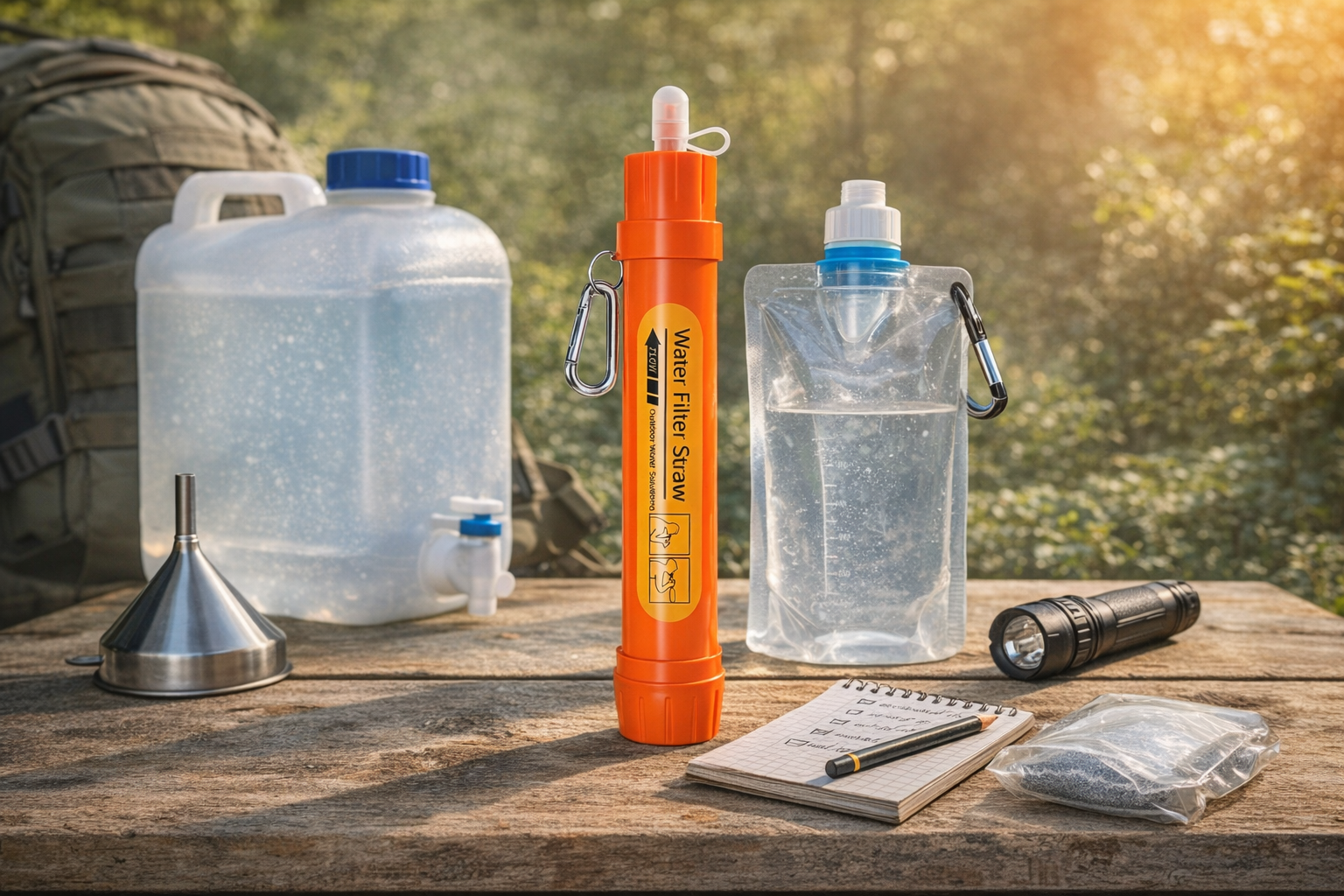 Waterfilter noodpakket met compact waterfilter rietje, waterfles en jerrycan op een tafel