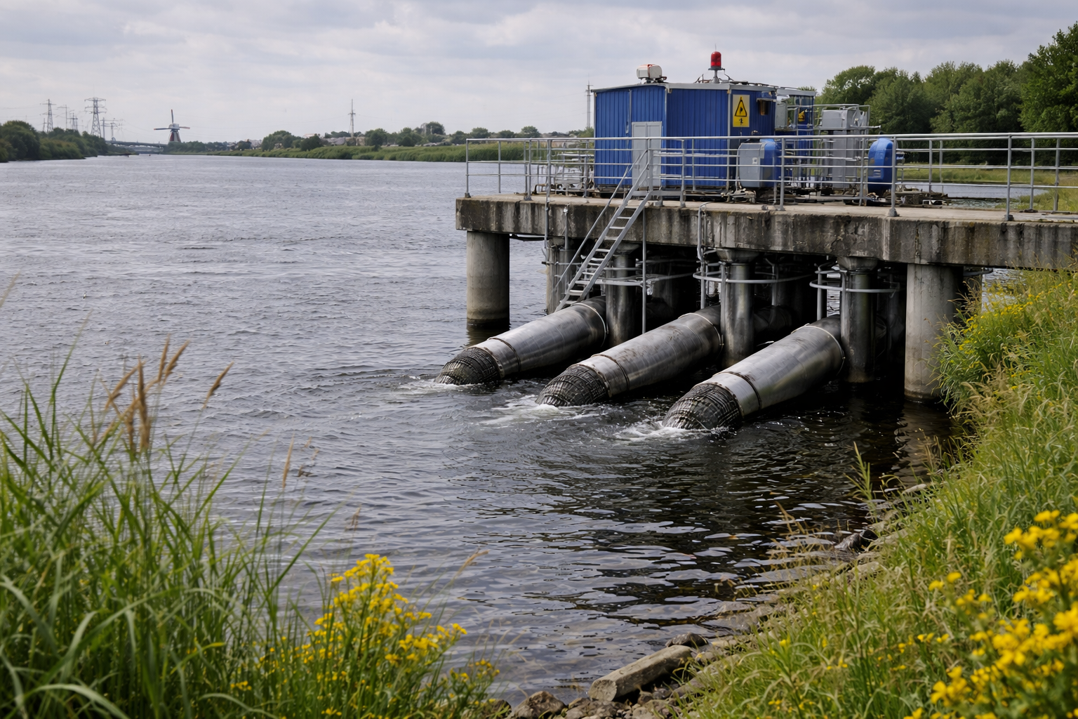 Innamepunt met leidingen voor drinkwaterwinning langs een grote rivier