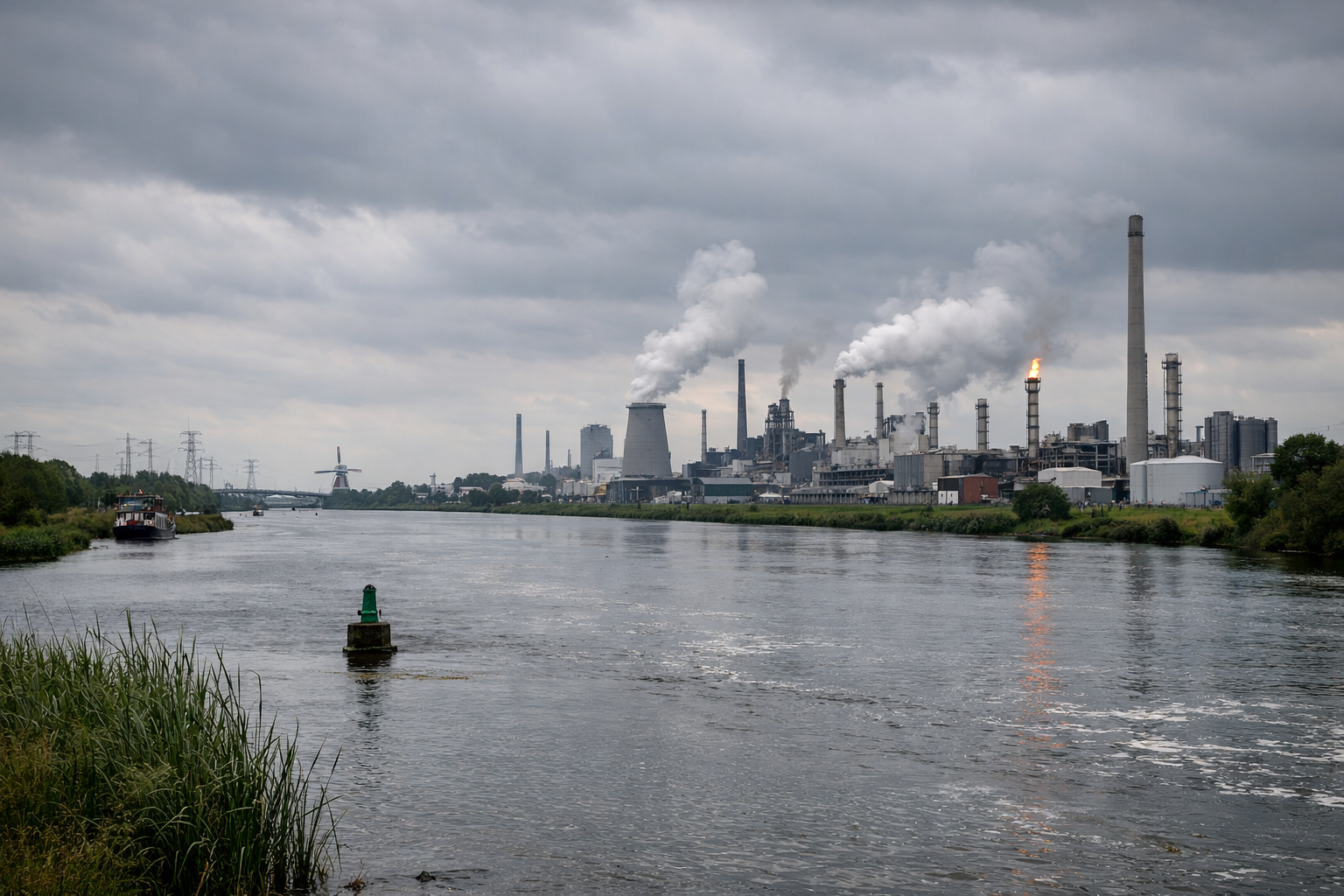 Rivier in Nederland met industrie op de achtergrond onder bewolkte lucht