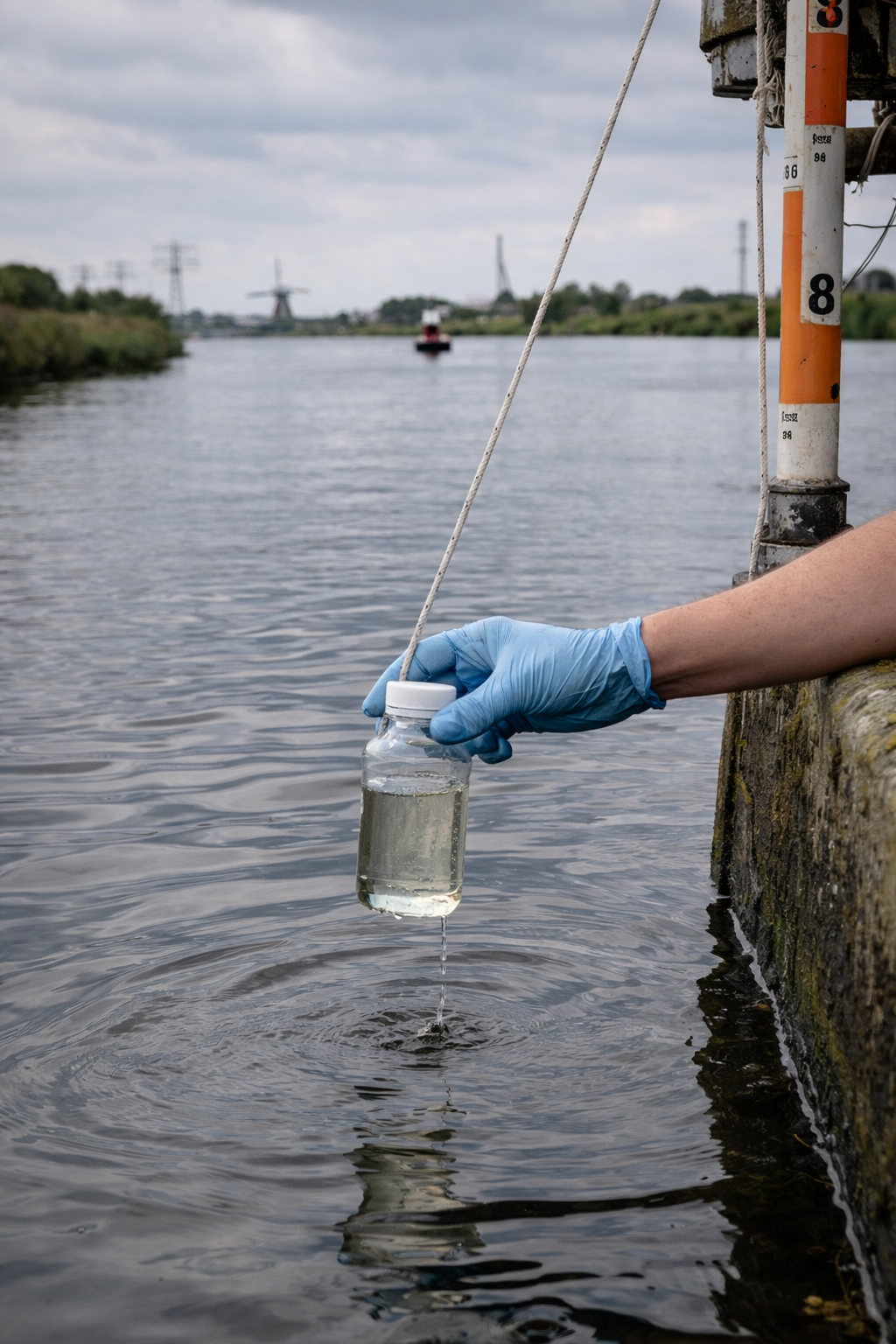 Handschoenhand neemt watermonster bij meetpunt in een Nederlandse rivier