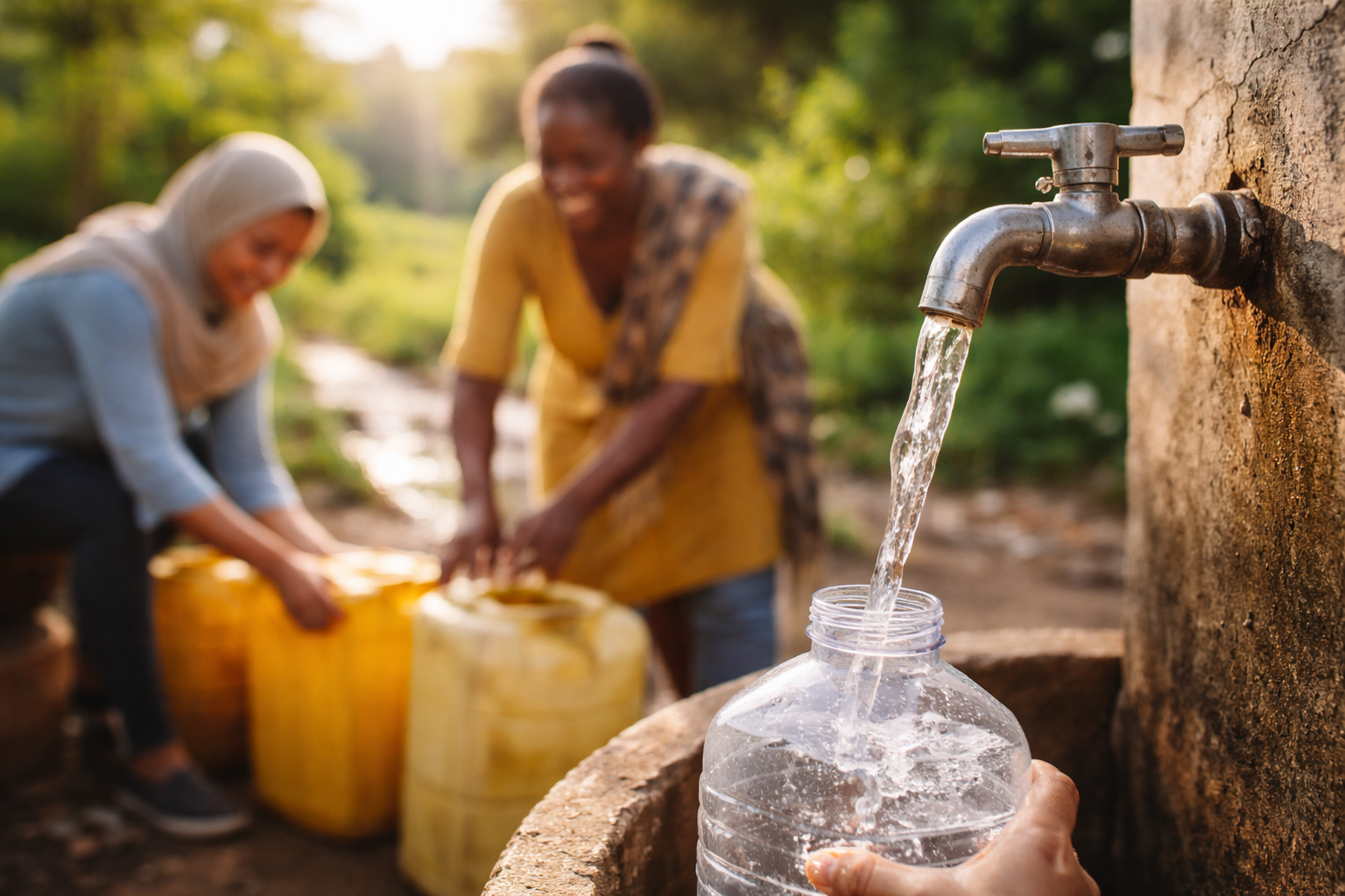 Mensen bij schoon stromend water als beeld van toegang tot water tijdens Wereldwaterdag