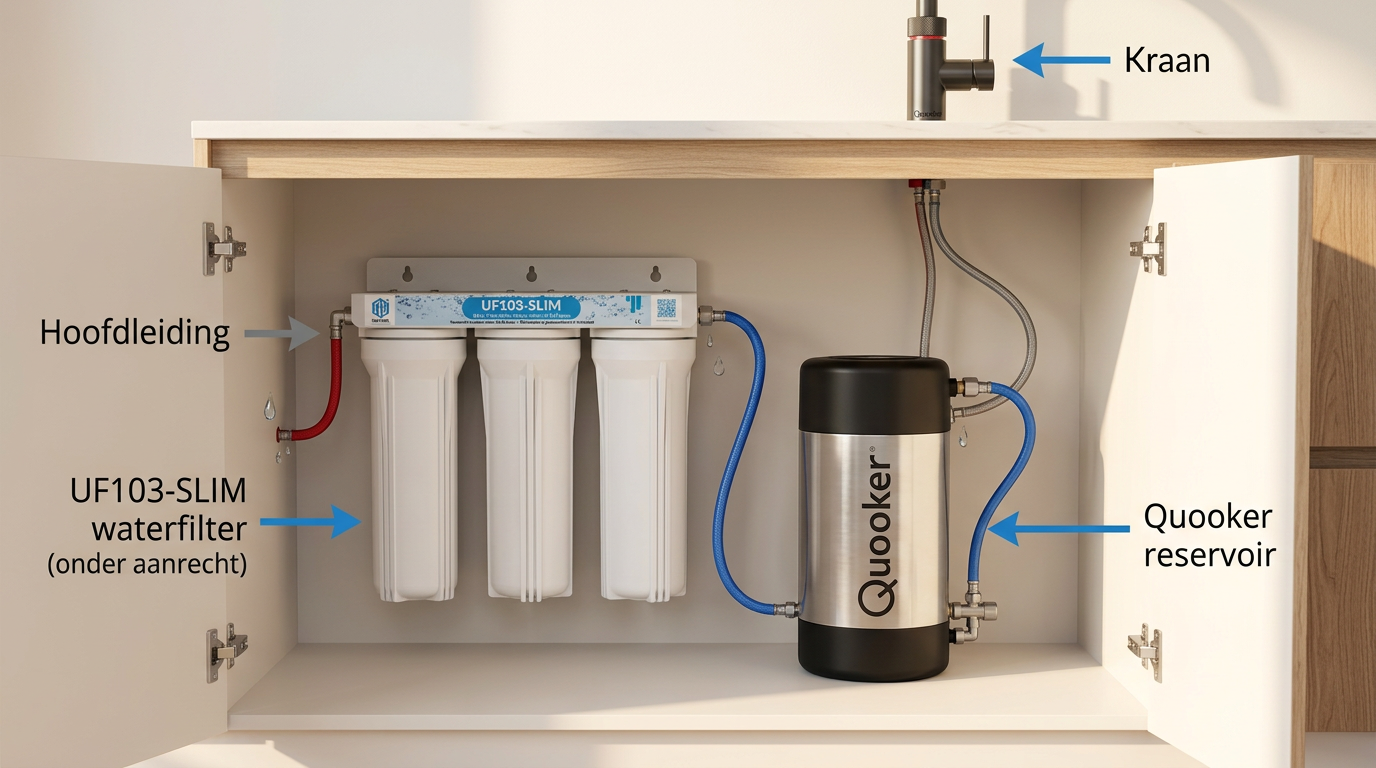 UF103 slim waterfilter geïnstalleerd onder de aanrecht naast een Quooker reservoir.
