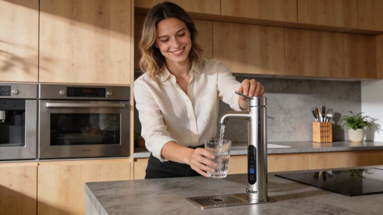 Vrouw tapt gefilterd water uit een Quooker kraan in de keuken.