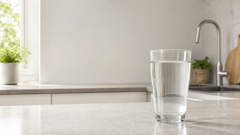 Helder glas kraanwater op een rustig aanrechtblad in een moderne keuken