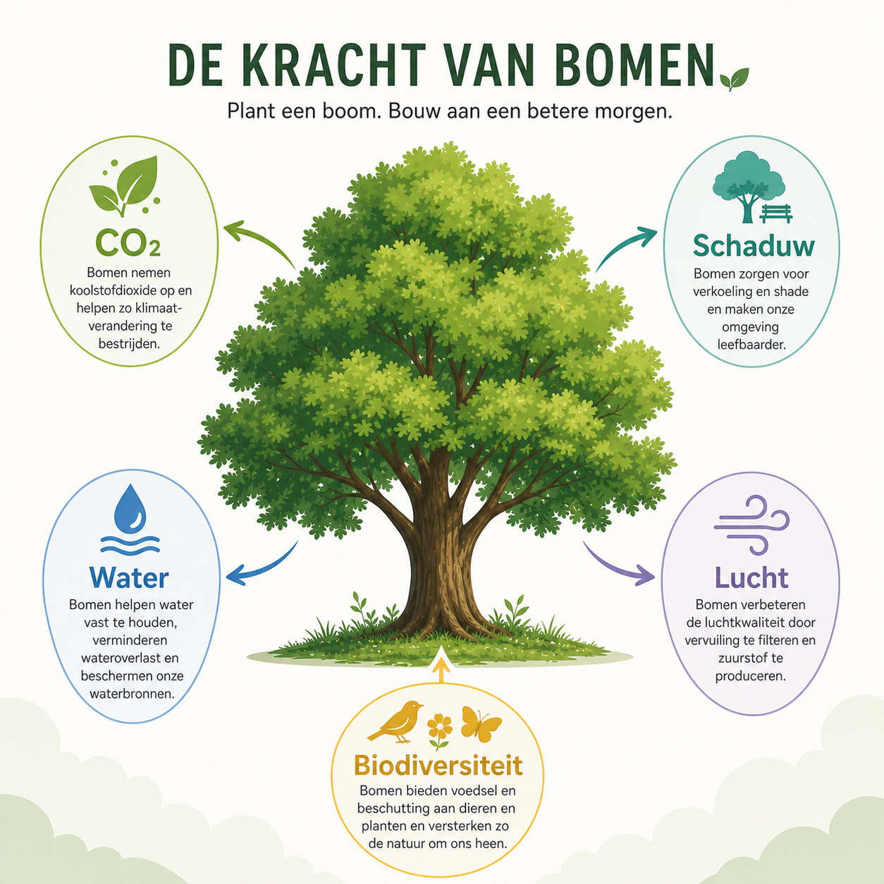 Infographic met boom en effecten op CO2, schaduw, water, lucht en biodiversiteit
