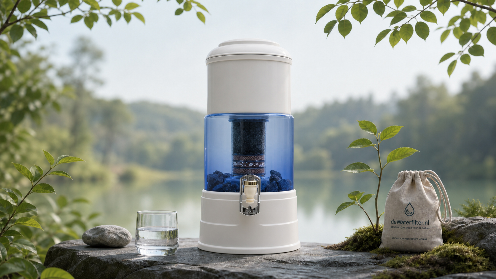 Aqualine waterfilter in rustige natuursetting met bladgroen