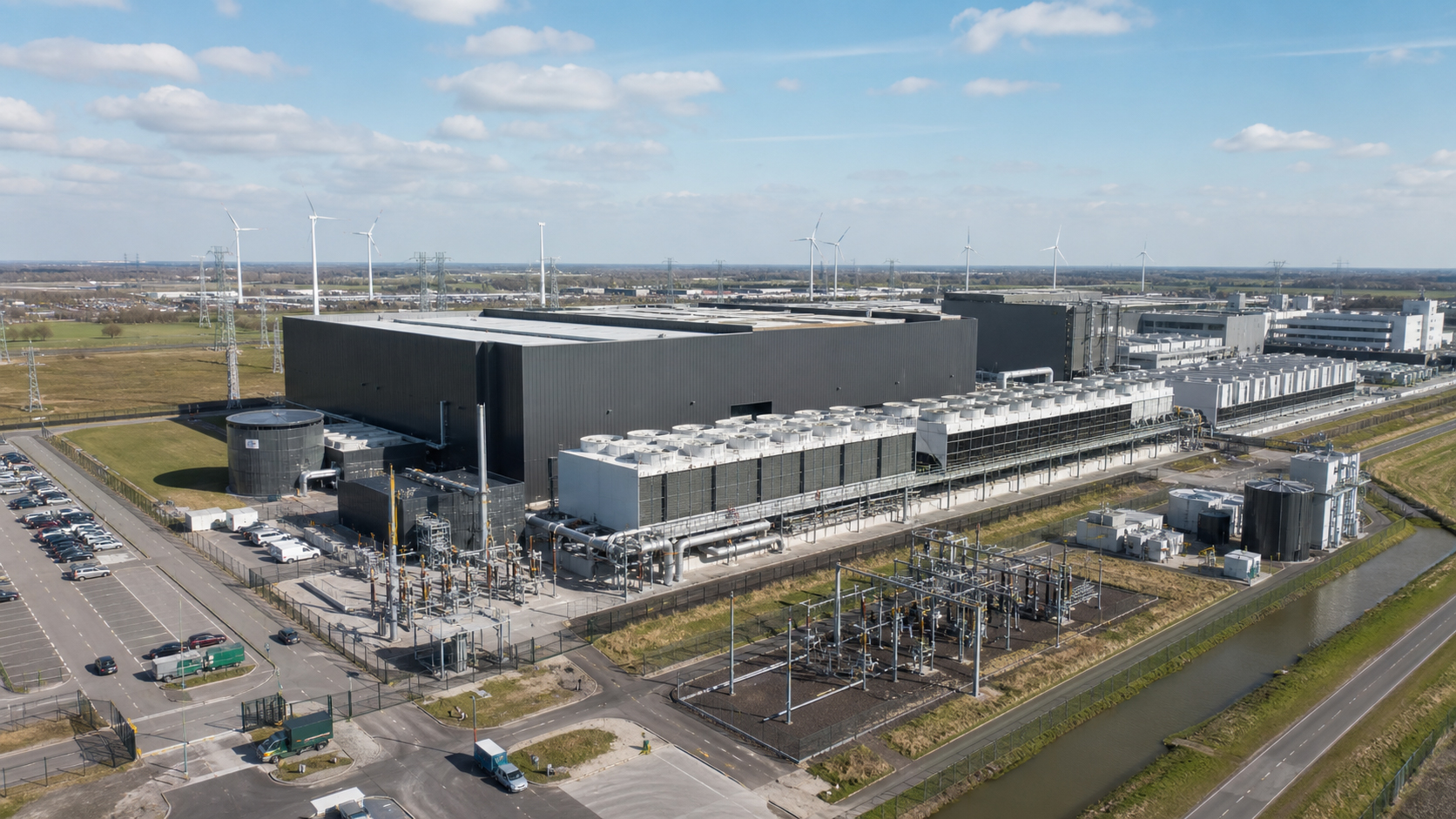 Buitenaanzicht van een groot Nederlands datacenter met koelinfrastructuur en industriële schaal