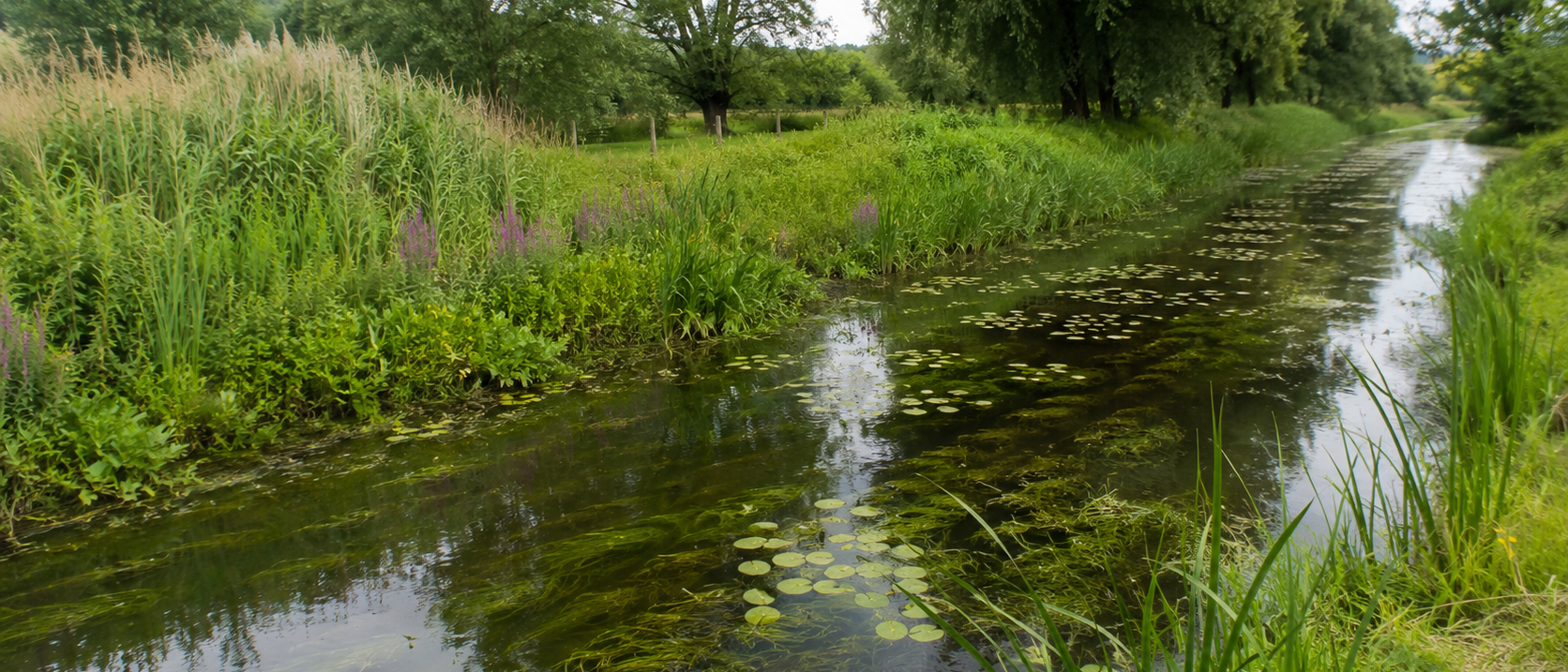 Nederlandse sloot met een natuurvriendelijke oever, riet en waterplanten