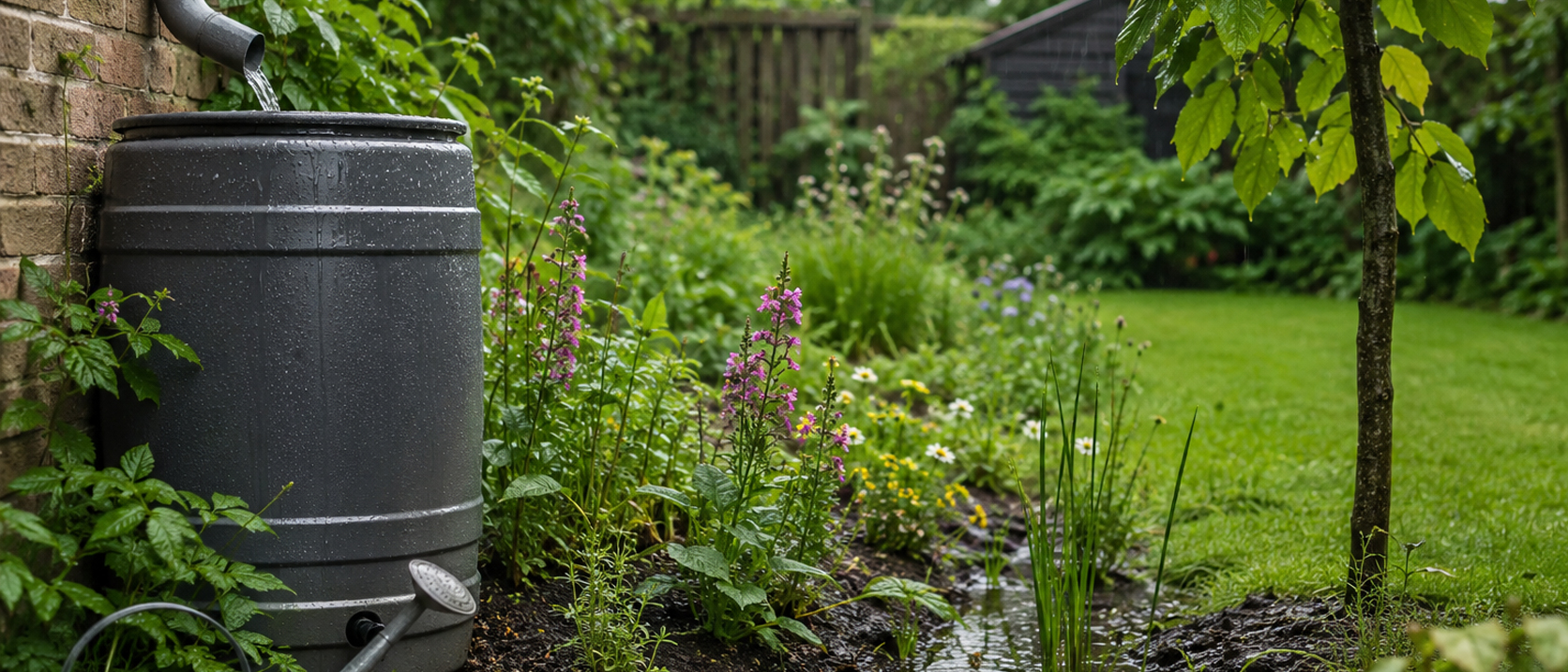 Regenwater stroomt vanuit een regenton naar een groene tuin waar het rustig in de bodem kan wegzakken