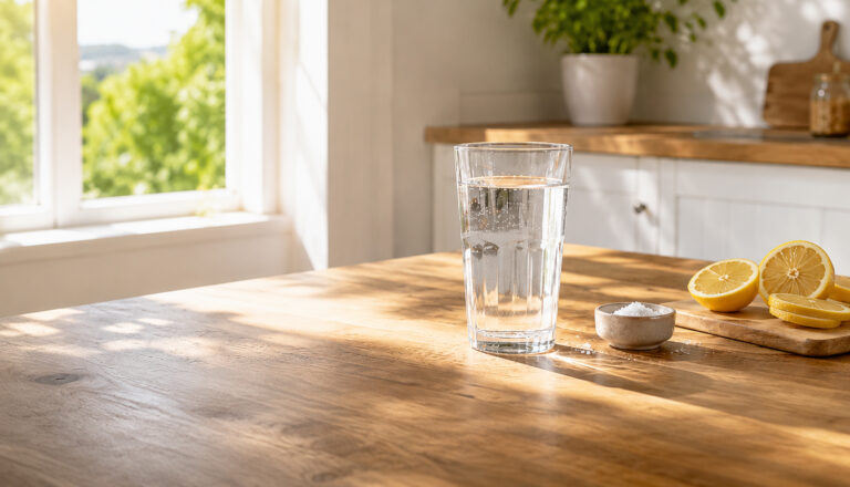 glas water met natuurlijk zout en zomerse achtergrond bij warm weer