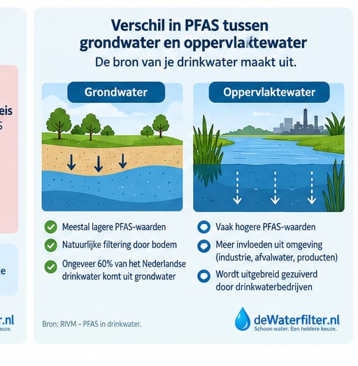 Verschil tussen PFAS in drinkwater uit grondwater en oppervlaktewater