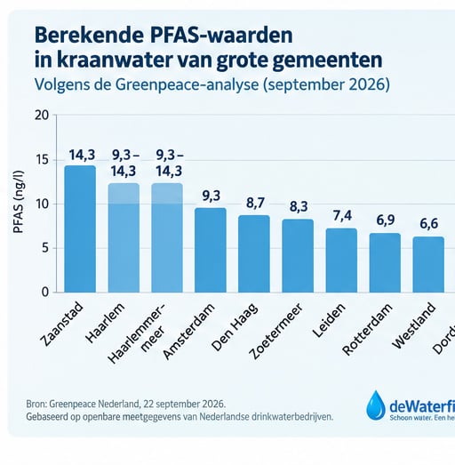 Berekende PFAS-waarden in kraanwater van grote gemeenten volgens Greenpeace