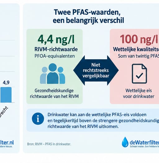Verschil tussen RIVM-richtwaarde van 4,4 ng/l en wettelijke PFAS-eis van 100 ng/l