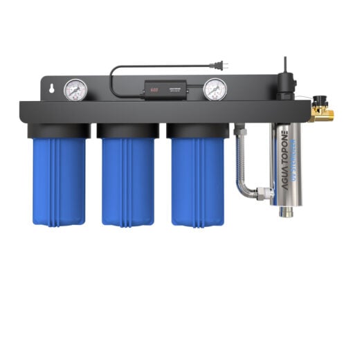 Van Hall EPS 104G waterzuiveringsinstallatie met PP, GAC en CTO filters, UV-C-desinfectie en automatische flow-switch. Een praktische uitvoering met schroefkoppelingen voor boten en woonboten.